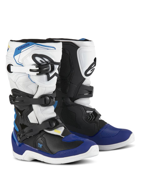 Alpinestars Youth Tech 3S Boots, Motocross Boots, White Black and Enamel Blue, featuring a multi-buckle closure system, textured grip zones, and white soles, durable protective motorcycle boots for youth riders