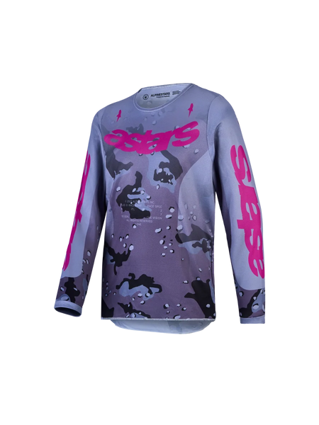 Alpinestars Youth Fluid Lone Jersey, youth motocross racing jersey, gray camo and purple, breathable moisture-wicking polyfabric.