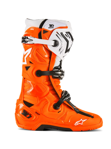 Alpinestars Tech 10 Enduro Boots, Motocross Off-Road Boots, Orange Fluo with Black and White Accents, side view featuring triple buckle closure system, rugged black sole, and protective TPU construction for enduro riding.