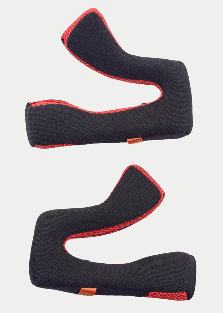 Alpinestars S-M5 Replacement Cheek Pads, set of two interior helmet padding, black with red mesh trim, ergonomic curved shape for motocross helmet, replacement parts for fit and comfort