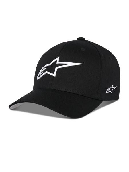 Alpinestars Ageless Multi Hat, Black Baseball Cap, featuring a large white 3D star logo on the front and a small embroidered logo on the side, curved brim, structured crown, casual motorsport-inspired headwear