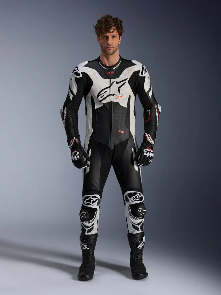Alpinestars GP Plus V4 Sprint 1-Piece Leather Suit, motorcycle racing gear for men, Black, White and Red Fluo.