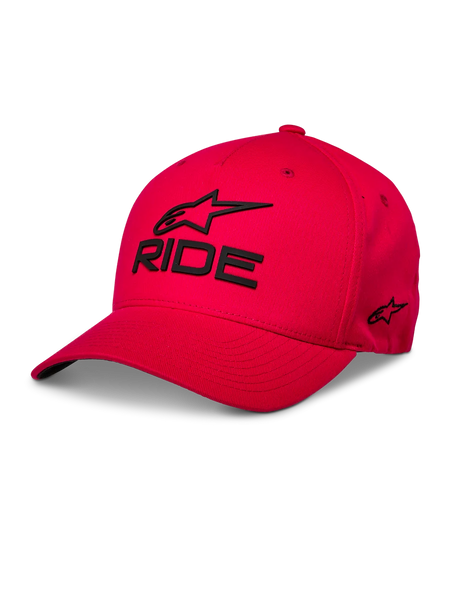 Alpinestars Ride Sonic Hat, Red Baseball Cap, Black 3D embroidered 'RIDE' and Alpinestars logo, curved brim, structured crown, casual motorsport streetwear