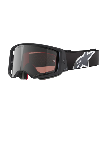 Alpinestars Supertech Corp Goggles Absolute Vision, Motocross Goggles, Black and Grey with Mirror Silver Lens, featuring an angular frame, adjustable black strap with a prominent white star logo, and multi-layer face foam for off-road performance.