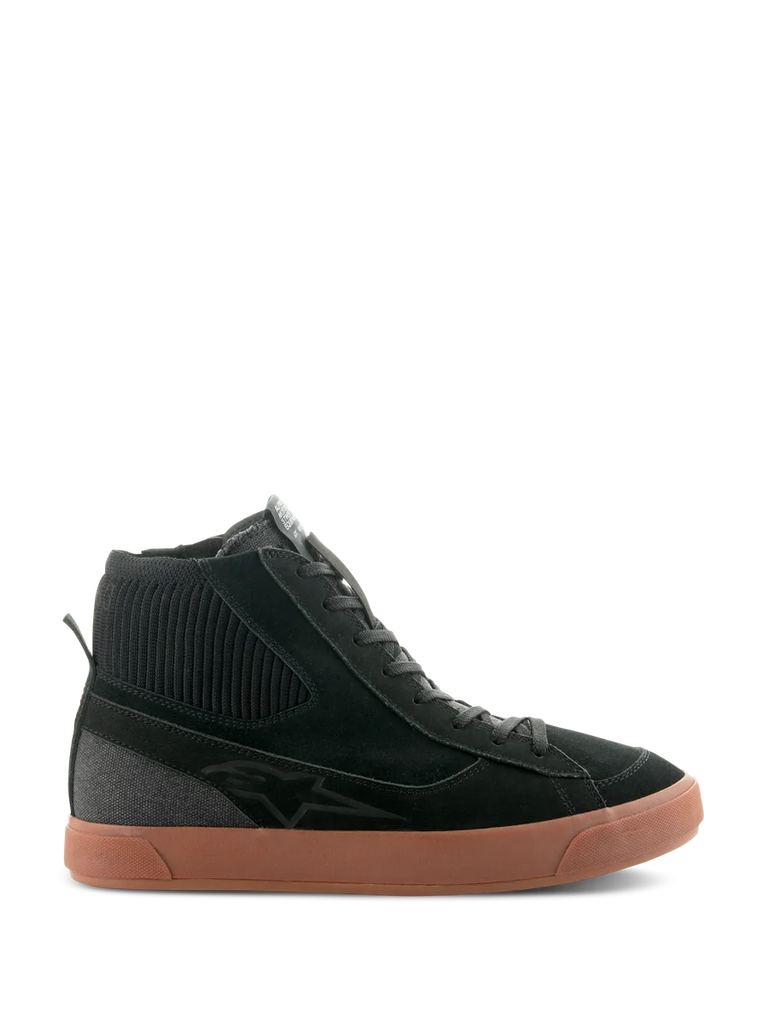 Alpinestars Stated Shoes, Black high-top motorcycle riding sneaker with a brown gum rubber sole, suede and canvas upper featuring a ribbed knit ankle collar, retro skate-inspired streetwear design
