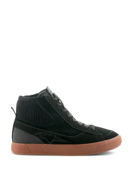 Alpinestars Stated Shoes, Black high-top motorcycle riding sneaker with a brown gum rubber sole, suede and canvas upper featuring a ribbed knit ankle collar, retro skate-inspired streetwear design