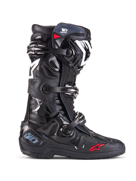 Alpinestars Tech 10 Enduro Boots, Motocross Off-Road Boots, Black with White and Red Accents, Triple Buckle Closure System, Protective TPU Shin Guard and Heel Plate, Rugged Enduro Sole, Iconic Star Logo, Premium Racing Protection