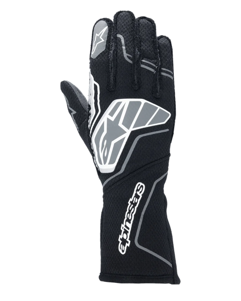 Alpinestars Tech-1 ZX V4 Gloves, Auto Racing Gloves, Black and Anthracite Gray, featuring a large star logo on the backhand and Alpinestars wordmark on the long gauntlet cuff, star logo on the index finger, professional flame-resistant construction