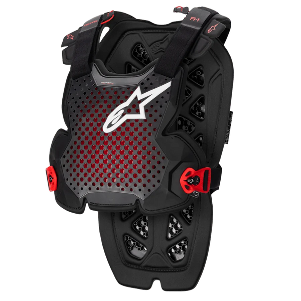 Alpinestars A-1 Pro Chest Protector, Anthracite Black and Red, perforated breathable design with white logo, adjustable straps with red buckles, hexagonal ventilation pattern, lightweight protective armor for motocross and off-road riding
