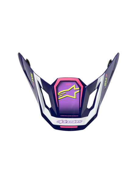 Alpinestars S-M7 Deed Visor, Motocross Helmet Accessory, Purple Pink and White, glossy finish featuring neon yellow star logo and SM7 branding, angular aerodynamic design for off-road racing
