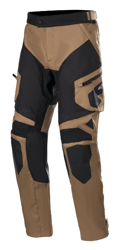 Alpinestars Venture XT Pants Over Boot, Adventure Touring Motorcycle Pants, Camel and Black, featuring reinforced knee and thigh panels, side cargo pocket with Alpinestars logo, and adjustable waist strap.