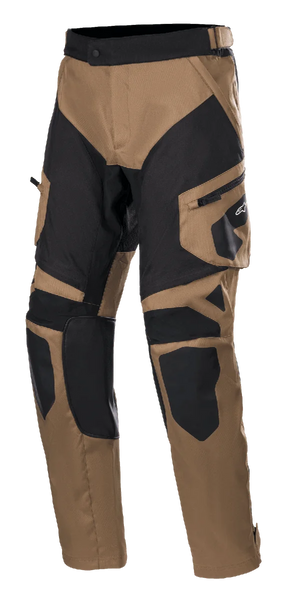 Alpinestars Venture XT Pants Over Boot, Adventure Touring Motorcycle Pants, Camel and Black, featuring reinforced knee and thigh panels, side cargo pocket with Alpinestars logo, and adjustable waist strap.
