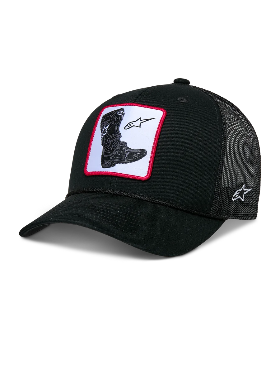 Alpinestars Booted Trucker Hat, black trucker cap, featuring a front woven Tech Boot patch with a red border, poly mesh back with white side logo embroidery, curved bill with braided rope trim, casual motorsport-inspired headwear