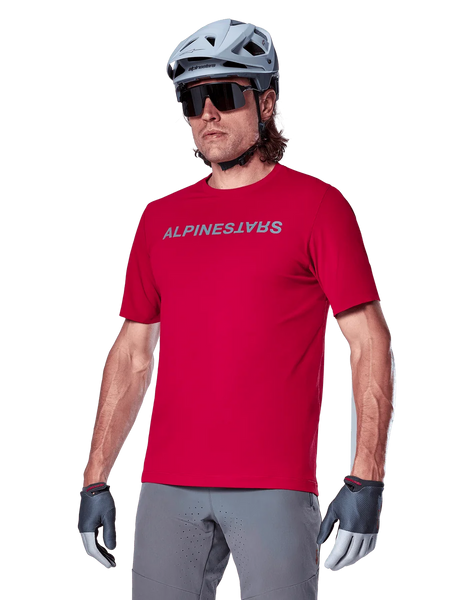 Alpinestars A-Aria Switch Short Sleeve Jersey in Red Fluo and Gray, men's breathable MTB jersey for off-road cycling performance.