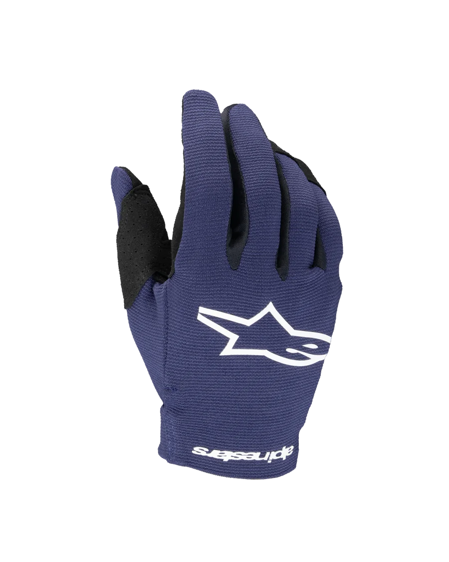 Alpinestars 2025 Youth Radar Gloves, Motocross Gloves, Night Navy and White, featuring a white star logo on the backhand and Alpinestars text on the wrist, single-layer stretch construction for off-road racing