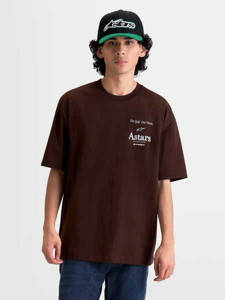 Alpinestars Post Oversized CSF Tee, Casual Sportswear Short Sleeve T-Shirt for Men and Women, Brown with White Astars Logo and One Goal One Vision Graphic, Relaxed Oversized Fit, Cotton-Poly Blend Construction.