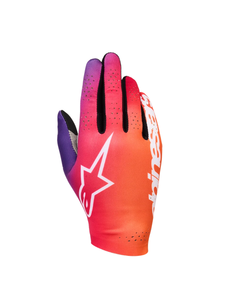 Alpinestars Sim Gloves Graphic 2, Sim Racing Gloves, Orange Neon Purple and White gradient, featuring a white star logo, perforated ventilation details, and lightweight stretch fabric with black mesh accents