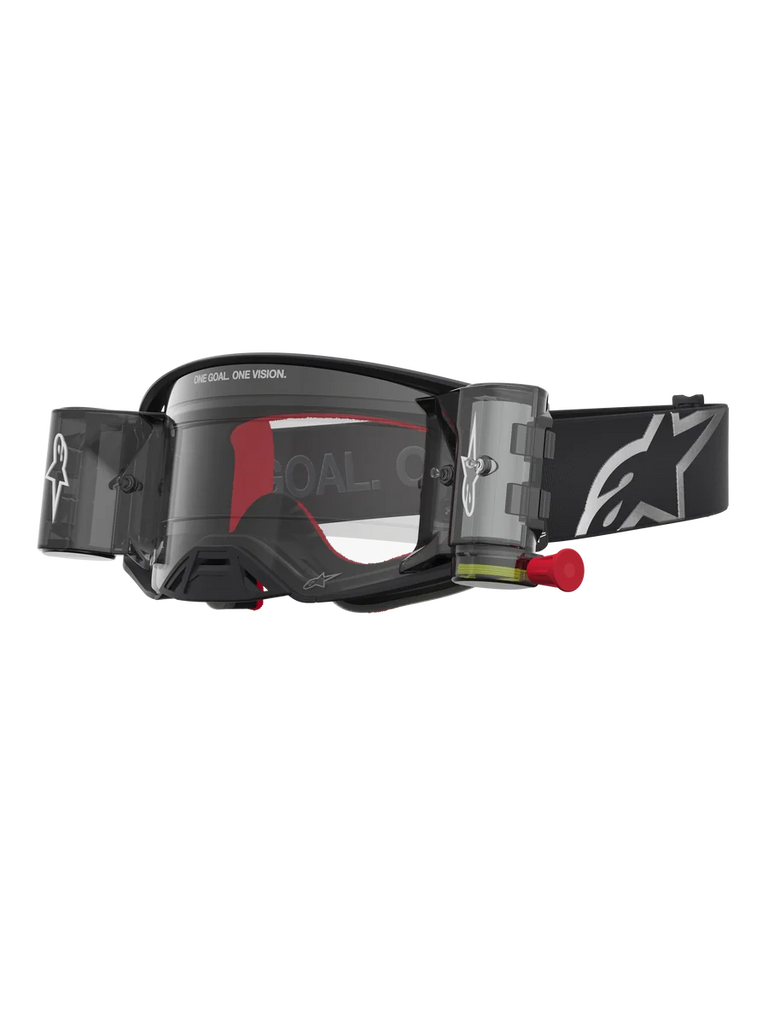 Alpinestars Supertech Firma Roll Off Goggles, premium motocross racing eyewear in black and silver, featuring a clear lens and integrated roll-off system for superior off-road visibility.