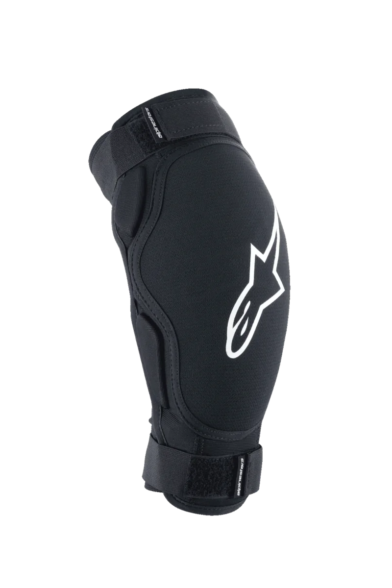 Alpinestars A-Impact Plasma Pro Elbow Protector, MTB Protective Gear, Black with white logo, featuring dual adjustable Velcro straps and an ergonomic pre-curved design