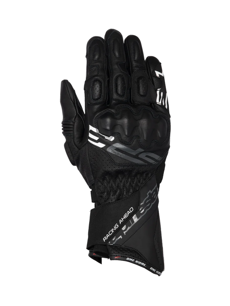 Alpinestars SP-3 black goat leather motorcycle racing gloves with a long cuff and integrated knuckle protection.