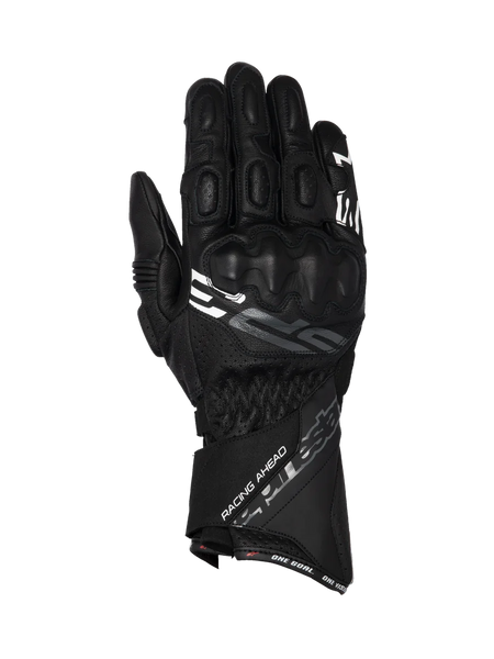 Alpinestars SP-3 black goat leather motorcycle racing gloves with a long cuff and integrated knuckle protection.