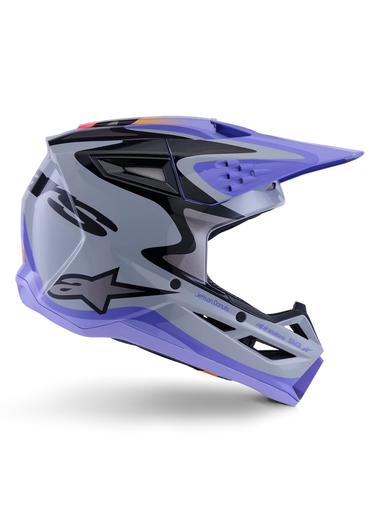 Alpinestars SM3 Jettson Motocross Helmet in gray and purple, with ECE and DOT certification and a lightweight shell.