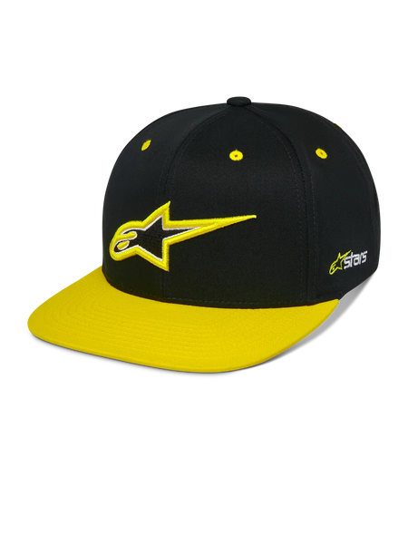 Alpinestars Thickness Snapback Hat, Black and Hi-Vis Yellow Snapback Cap, Structured Crown with 3D Embroidered Astars Logo, Flat Yellow Brim, Yellow Eyelets, Casual Motorsport Headwear