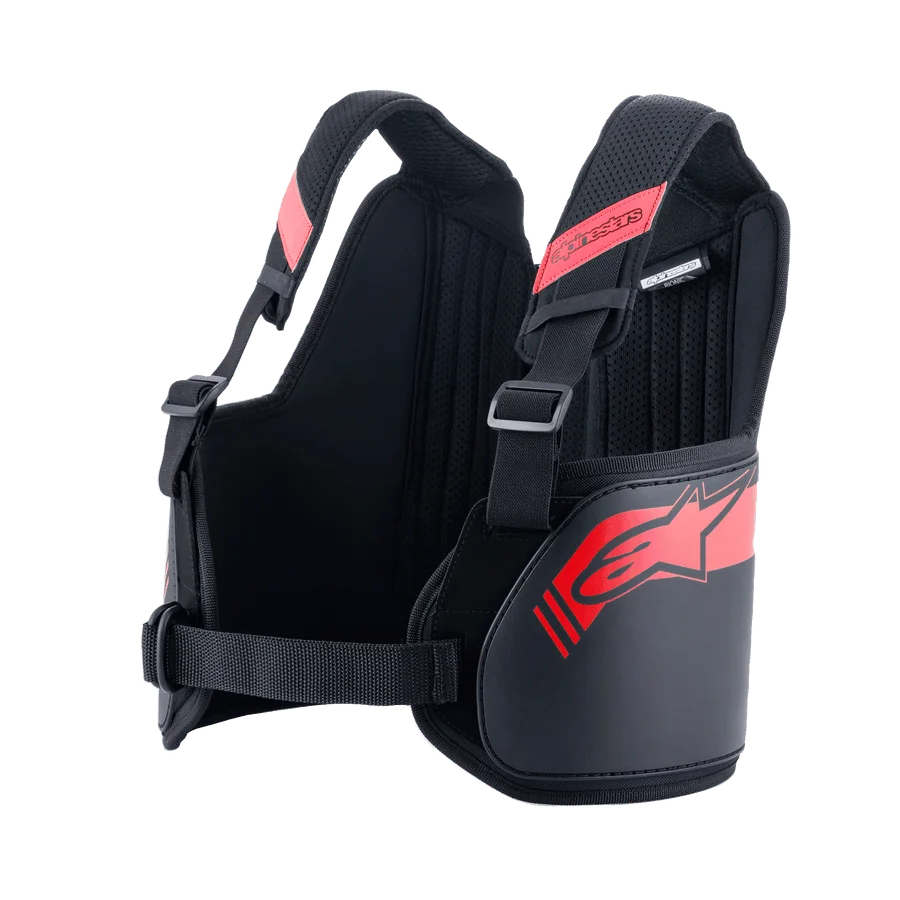 Alpinestars Bionic Rib Support, Karting Rib Protector, Black and Red, featuring adjustable shoulder straps with buckles, ergonomic contoured design with red logo, breathable mesh fabric for motorsport protection