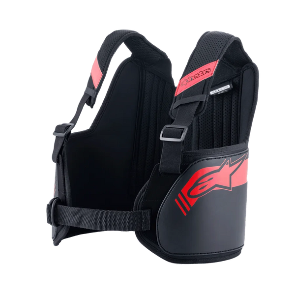 Alpinestars Bionic Rib Support, Karting Rib Protector, Black and Red, featuring adjustable shoulder straps with buckles, ergonomic contoured design with red logo, breathable mesh fabric for motorsport protection