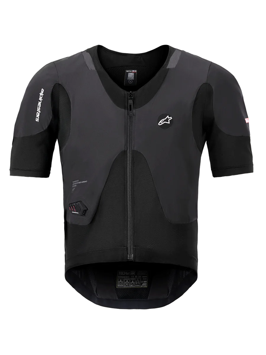 Alpinestars Tech-Air 5 Plasma System, Black Airbag Vest, front view showing short sleeves and central zipper, features Alpinestars branding and an integrated LED status display, ultra-slim protective undergarment for motorcycle safety