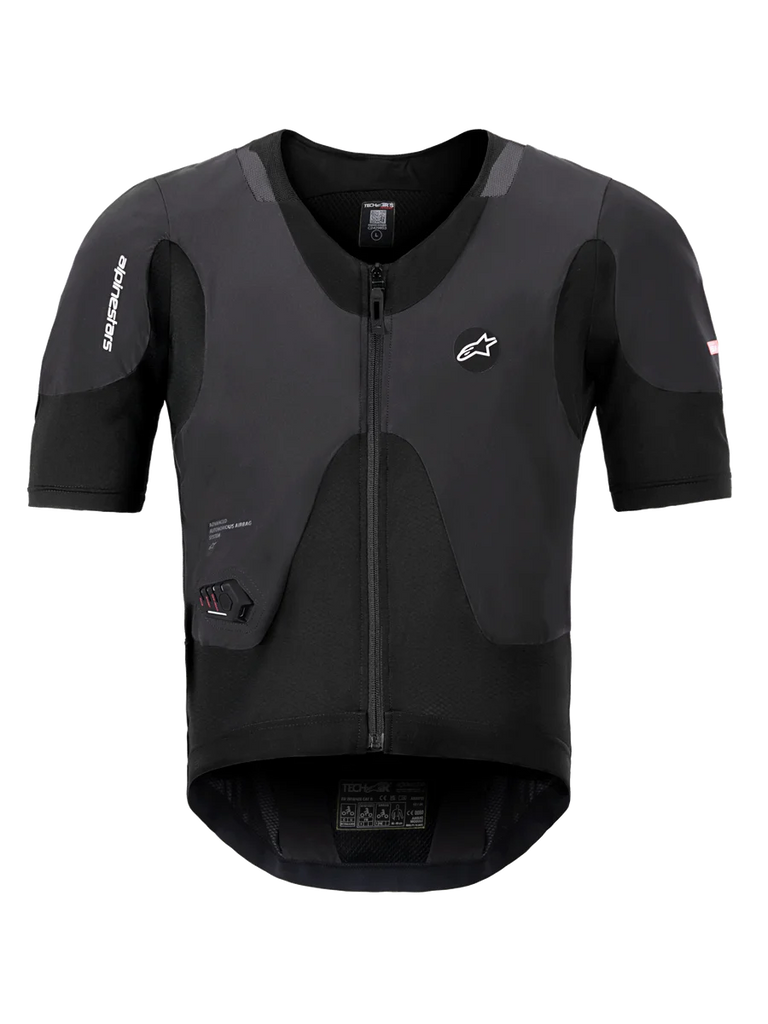 Alpinestars Tech-Air 5 Plasma System, Black Airbag Vest, front view showing short sleeves and central zipper, features Alpinestars branding and an integrated LED status display, ultra-slim protective undergarment for motorcycle safety