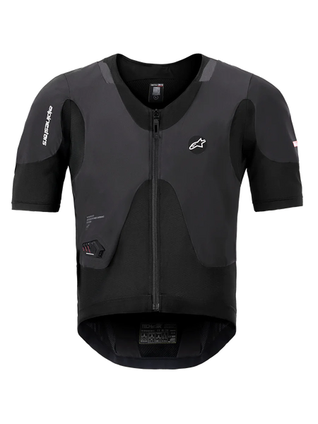 Alpinestars Tech-Air 5 Plasma System, Black Airbag Vest, front view showing short sleeves and central zipper, features Alpinestars branding and an integrated LED status display, ultra-slim protective undergarment for motorcycle safety