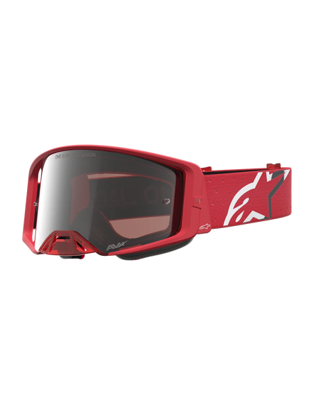 Alpinestars Supertech Vesta Motocross Goggles in Red Fluo with Chrome Mirror Silver lens and white logo strap.