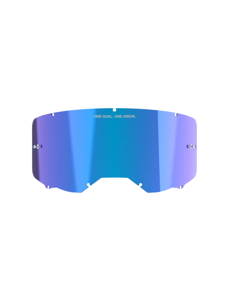 Alpinestars Vision 8-5-3 Mirror Lens, Goggle Accessory, Mirror Blue with purple gradient, reflective mirror finish, featuring 'ONE GOAL. ONE VISION.' branding, curved polycarbonate design with attachment notches and tear-off posts for motocross goggles