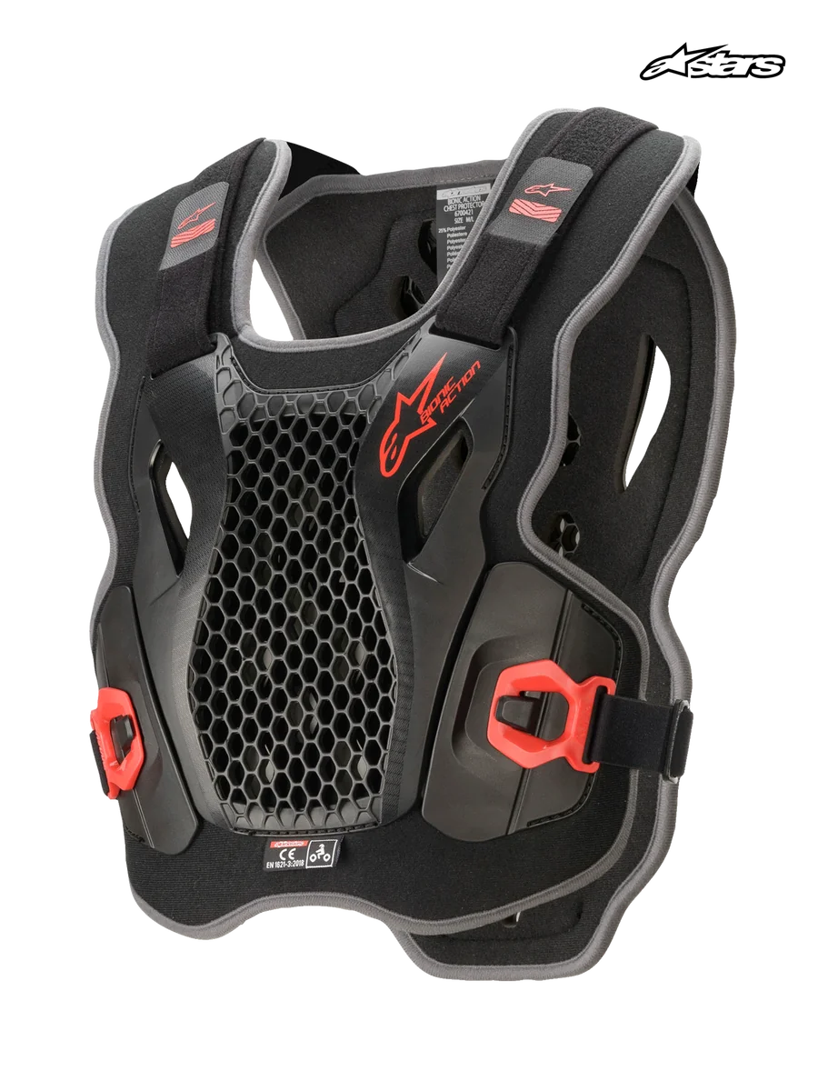 Alpinestars Bionic Action Chest Protector, motocross chest protection, black and red, ultra-lightweight design featuring cell technology and CE certification, front view
