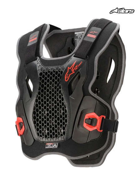 Alpinestars Bionic Action Chest Protector, motocross chest protection, black and red, ultra-lightweight design featuring cell technology and CE certification, front view