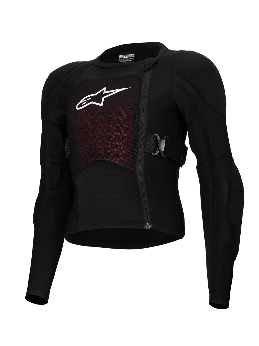 Alpinestars Bionic Plasma LT Youth Protection Jacket, Black and Red, Motorcycle Protective Gear, featuring padded shoulders and elbows, offset front zipper, adjustable side straps, and textured chest panel with white logo