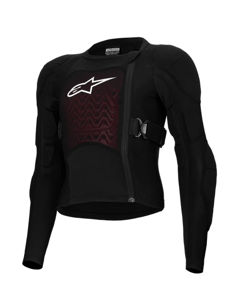 Alpinestars Bionic Plasma LT Youth Protection Jacket, Black and Red, Motorcycle Protective Gear, featuring padded shoulders and elbows, offset front zipper, adjustable side straps, and textured chest panel with white logo