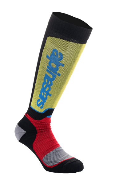Alpinestars MX Plus Socks, Motocross Riding Socks, Black, Yellow, and Red with Blue branding, knee-length design with ribbed texture and reinforced gray padding, technical off-road performance socks