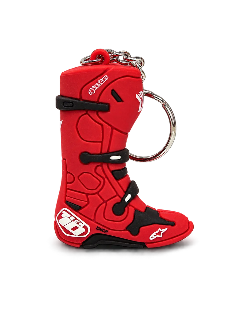 Alpinestars Tech 10 Boot Keyfob, motocross keychain, red and black, 3D miniature replica with metal snap ring