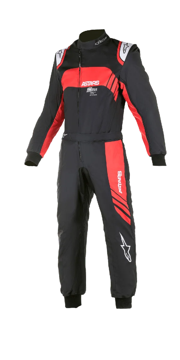 Alpinestars Youth KMX-9 V2 Graphic 3 Suit, Karting Racing Suit, Black and Red, one-piece design with asymmetrical front zipper, featuring white ASTARS logos and red graphic panels, black knitted wrist and ankle cuffs