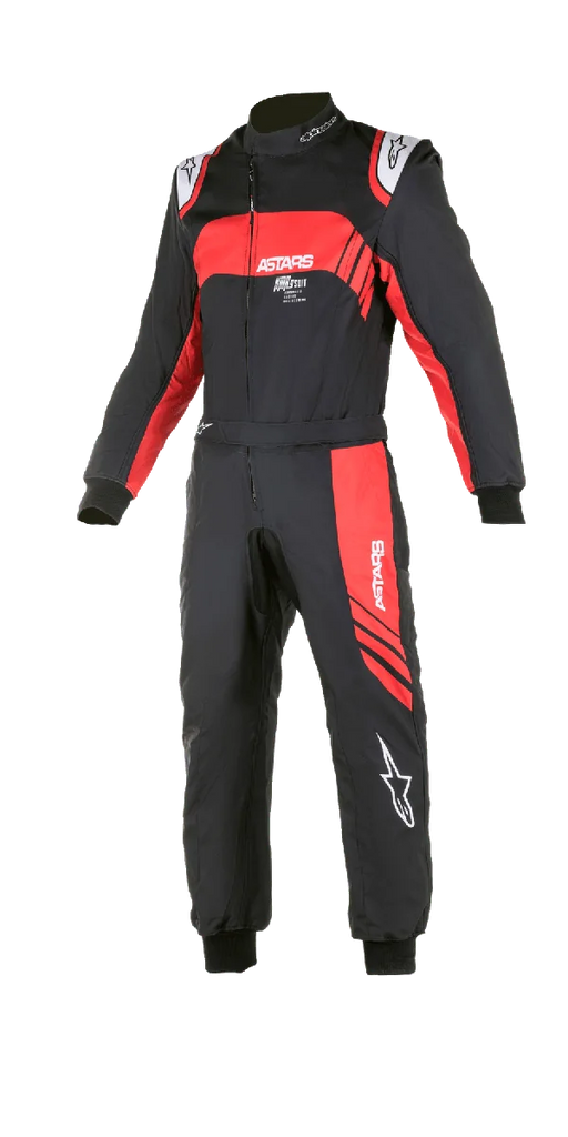 Alpinestars Youth KMX-9 V2 Graphic 3 Suit, Karting Racing Suit, Black and Red, one-piece design with asymmetrical front zipper, featuring white ASTARS logos and red graphic panels, black knitted wrist and ankle cuffs