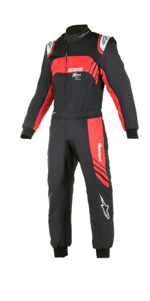 Alpinestars Youth KMX-9 V2 Graphic 3 Suit, Karting Racing Suit, Black and Red, one-piece design with asymmetrical front zipper, featuring white ASTARS logos and red graphic panels, black knitted wrist and ankle cuffs