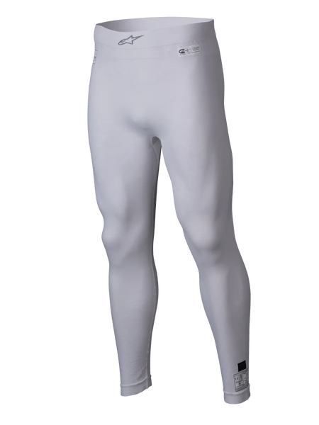 Alpinestars ZX Evo V3 Bottom, White Auto Racing Base Layer, Flame-resistant compression leggings, featuring Alpinestars logo on the elastic waistband and certification labels, lightweight stretchy fabric for motorsport performance