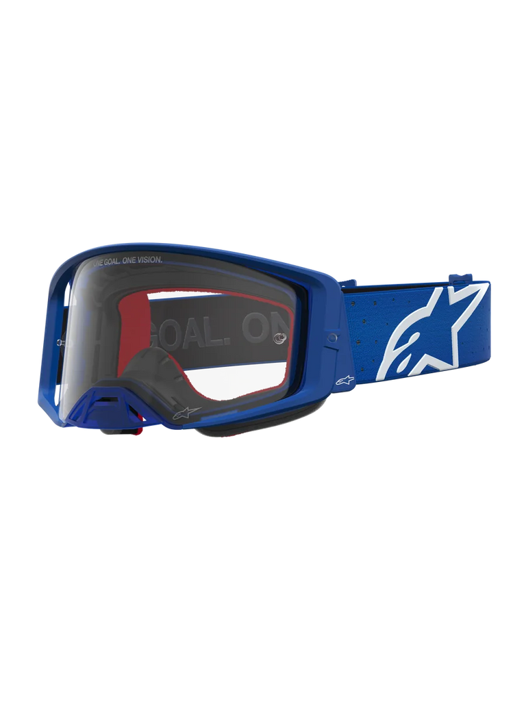 Alpinestars Supertech Vesta Goggles, blue and white motocross goggles with clear polycarbonate lens and signature star logo.