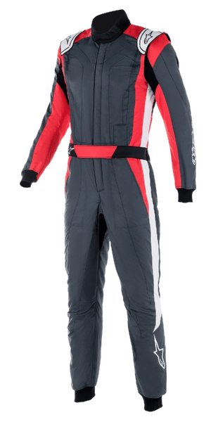 Alpinestars GP Pro Comp V2 FIA Suit, Auto Racing Suit, Asphalt Gray with Red and White accents, featuring a high collar, integrated red waist belt, and white side stripes, professional motorsport protective gear