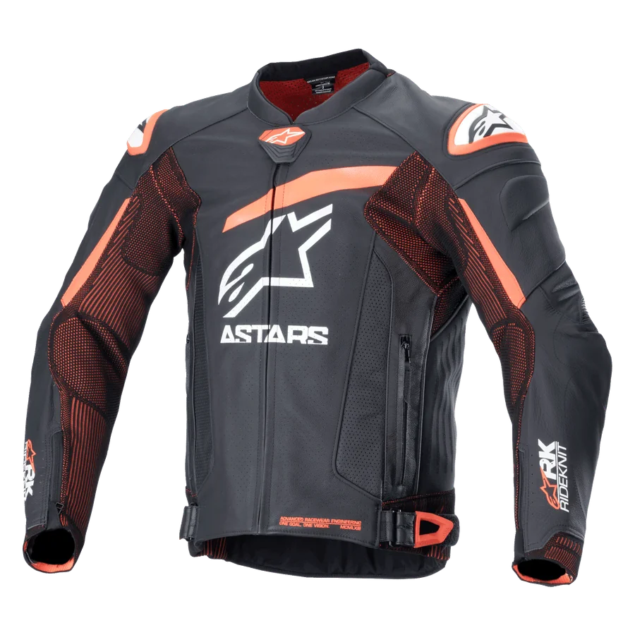Alpinestars GP Plus R V4 Rideknit Leather Jacket, Black and Orange motorcycle racing jacket with white logos, perforated chest and arms, orange shoulder accents, zippered front with adjustable waist straps, durable sporty design