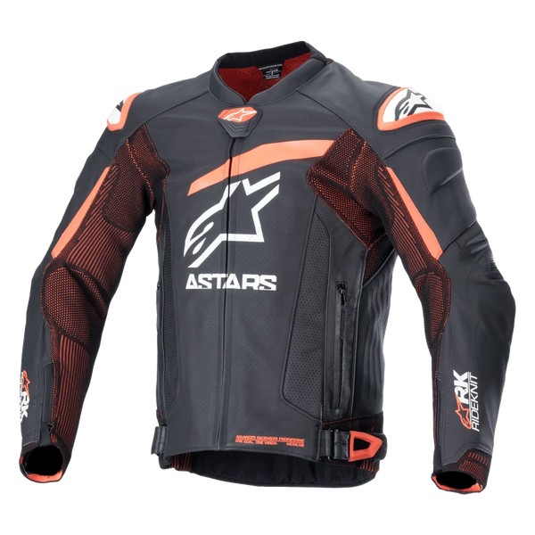 Alpinestars GP Plus R V4 Rideknit Leather Jacket, Black and Orange motorcycle racing jacket with white logos, perforated chest and arms, orange shoulder accents, zippered front with adjustable waist straps, durable sporty design