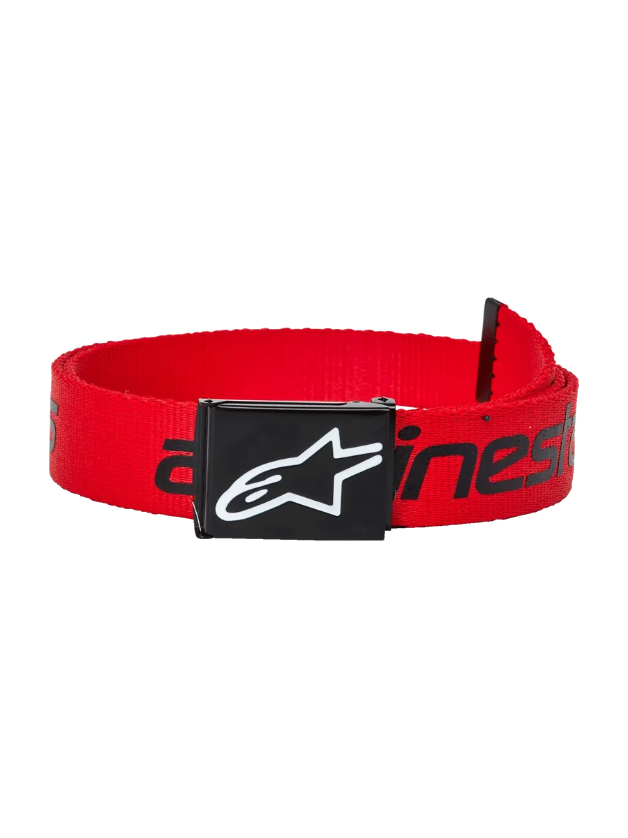 Alpinestars Linear Web Belt, casual web belt, red and black, with a removable metal clamp buckle featuring a debossed enamel logo and linear logo printed strap