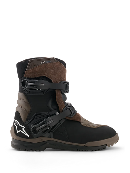 Alpinestars Belize V2 Drystar Boots, Motorcycle Adventure Touring Boots, Brown and Black, waterproof suede and leather construction, two adjustable quick-release buckles, textured vulcanized rubber off-road sole, featuring white star logo on the heel